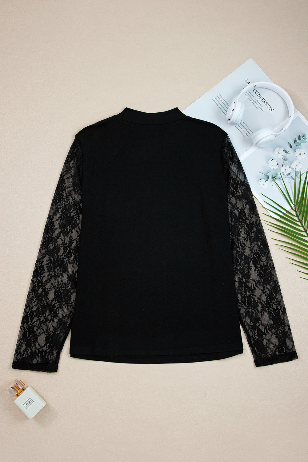 Plus Size Lace Patchwork Asymmetric Cutout Sheer Long Sleeve Top