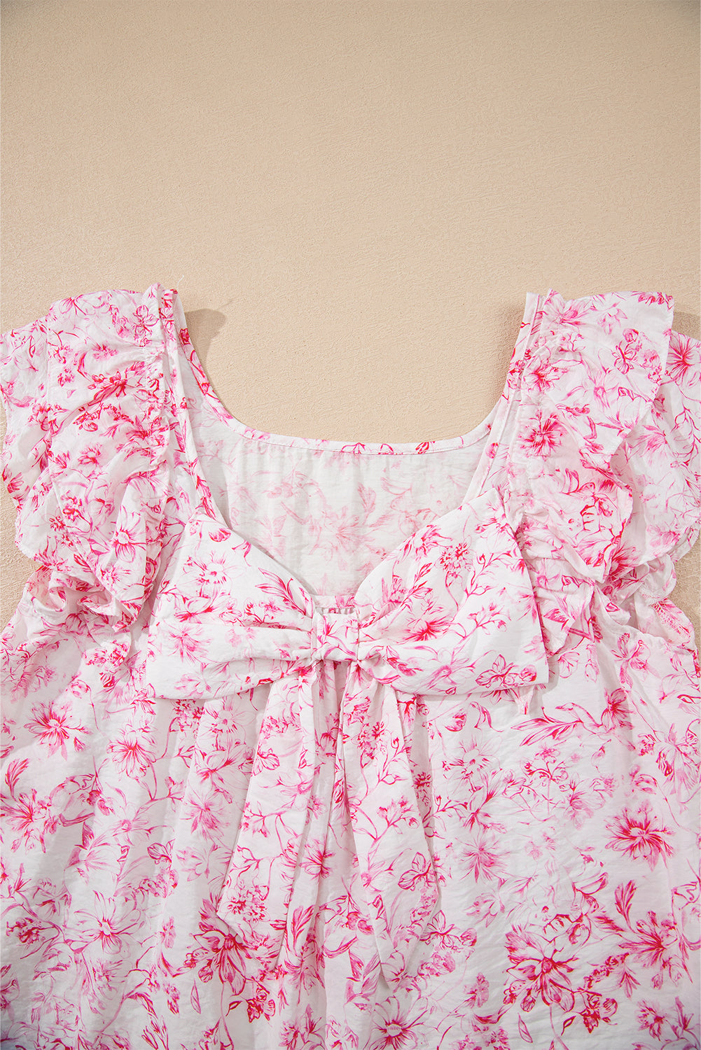 Floral Ruffled Short Sleeve Bow Back Square Neck Blouse