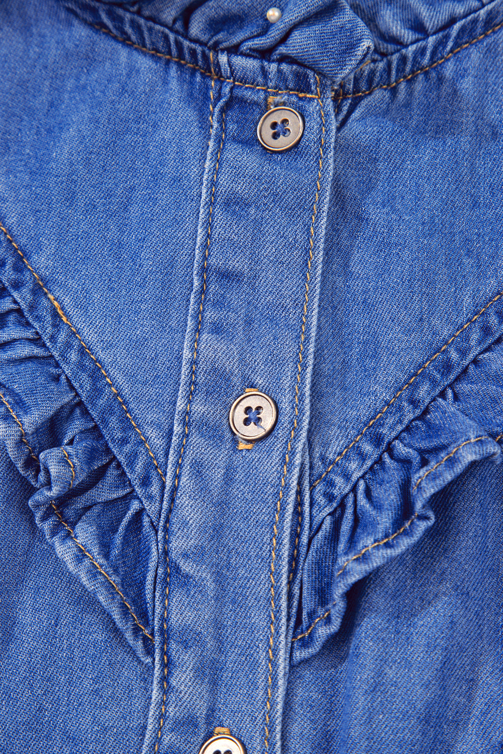 Mineral Wash Cap Sleeve Frilled Button Up Denim Shirt