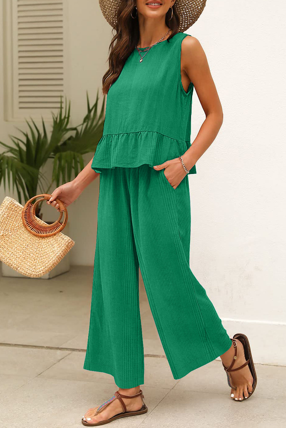 Solid Color Ribbed Ruffle Tank Top and Pants Set