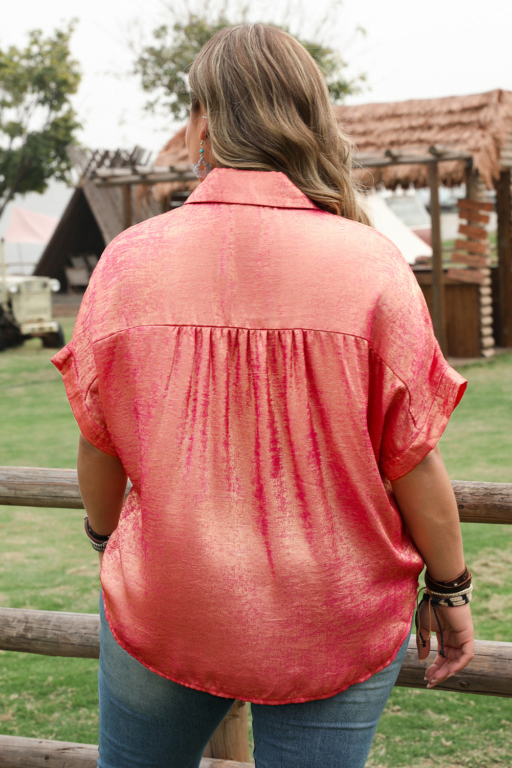 Plus Size Metallic Sheen Short Sleeve Button Up Shirt