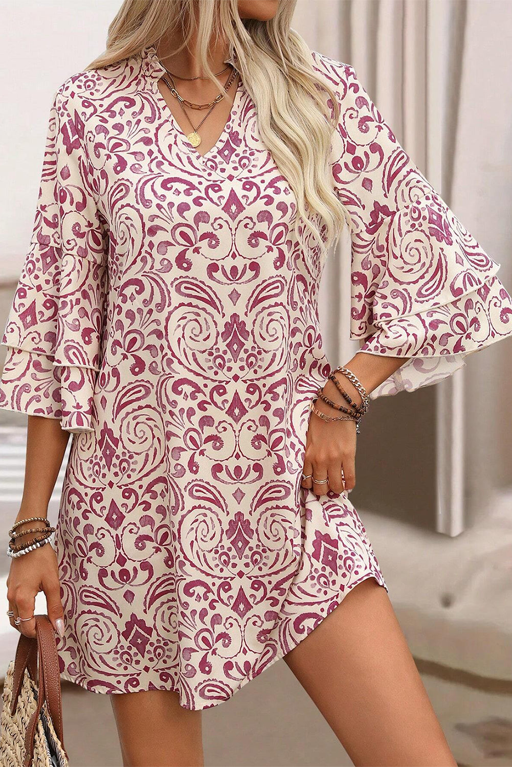 Paisley Print Tiered 3/4 Sleeve Notched Neck Mini Dress