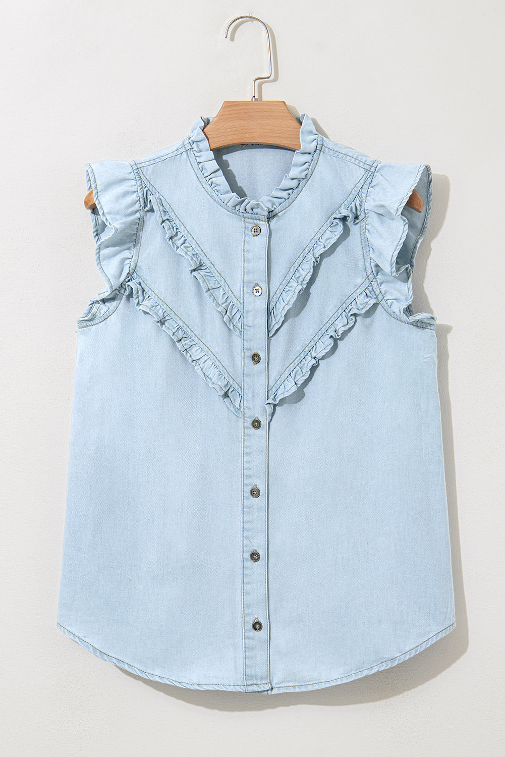 Mineral Wash Cap Sleeve Frilled Button Up Denim Shirt