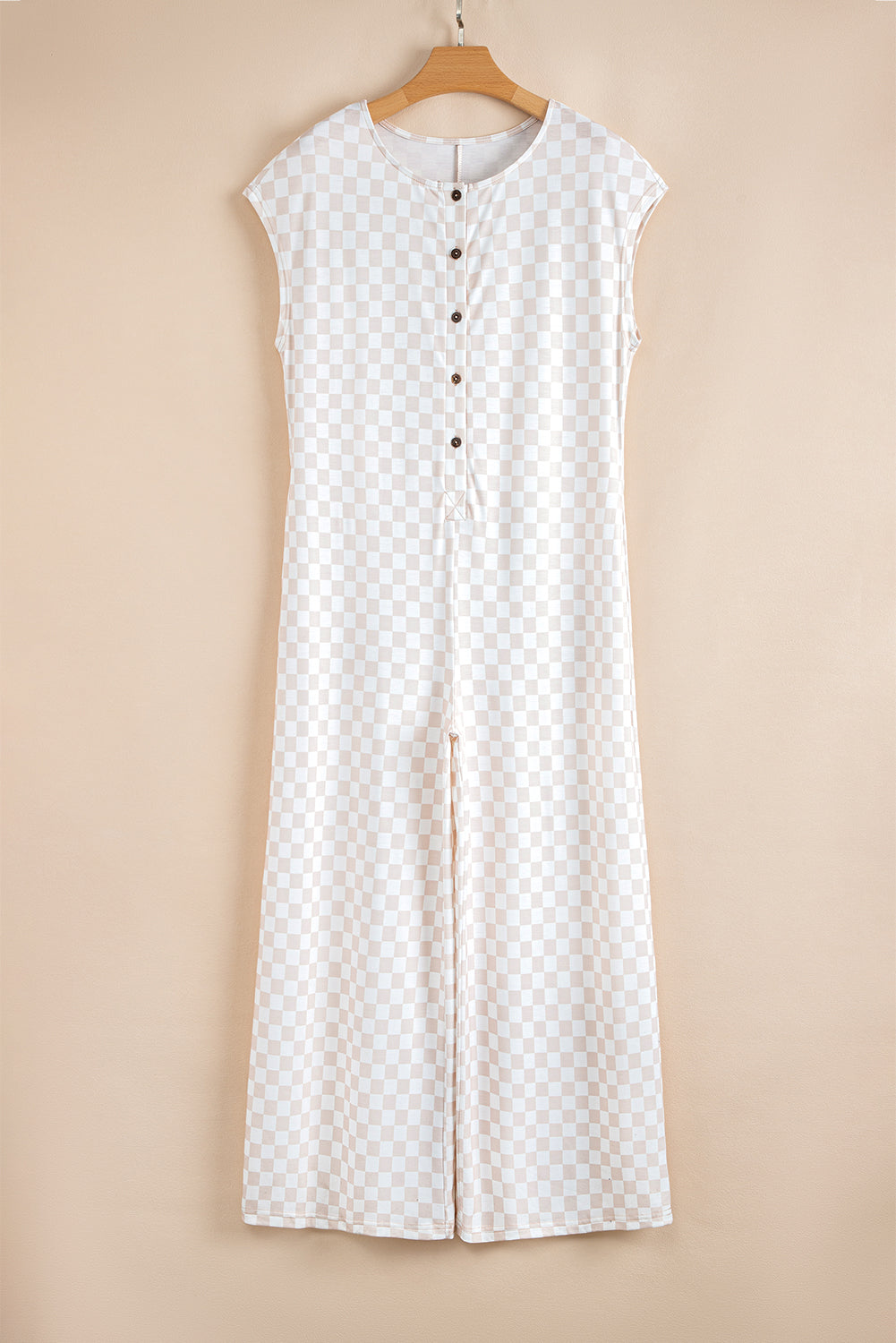 Checkered Print Buttoned Crew Neck Wide Leg Jumpsuit