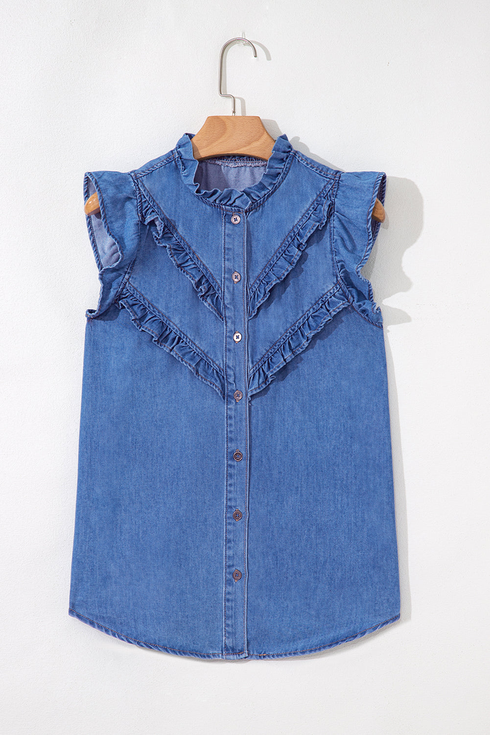 Mineral Wash Cap Sleeve Frilled Button Up Denim Shirt
