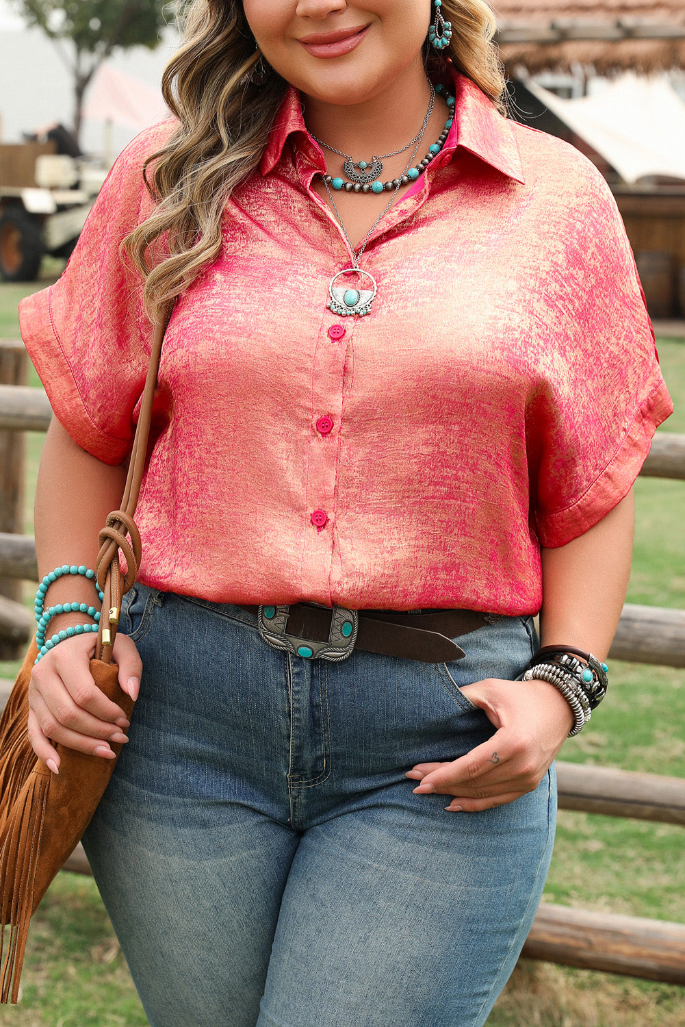 Plus Size Metallic Sheen Short Sleeve Button Up Shirt