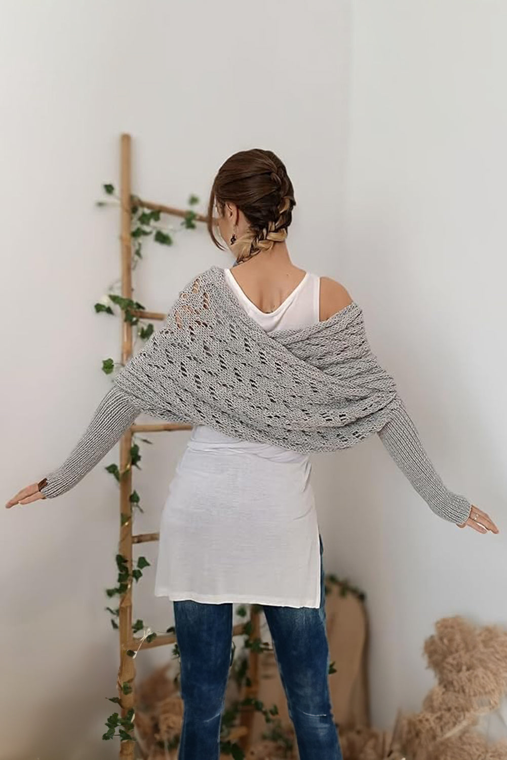 Cross Detail Hollowed Knit Scarf with Sleeves