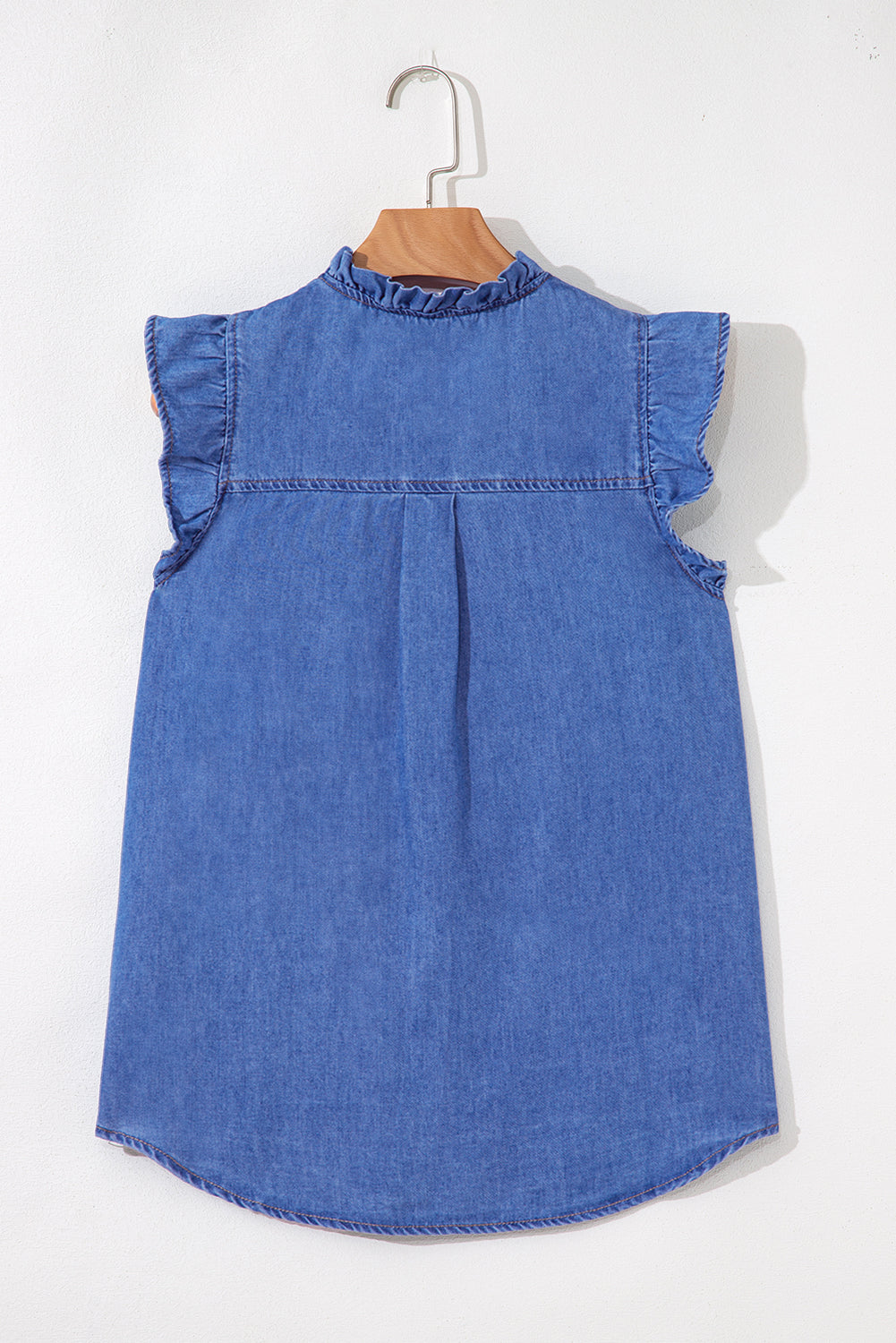 Mineral Wash Cap Sleeve Frilled Button Up Denim Shirt