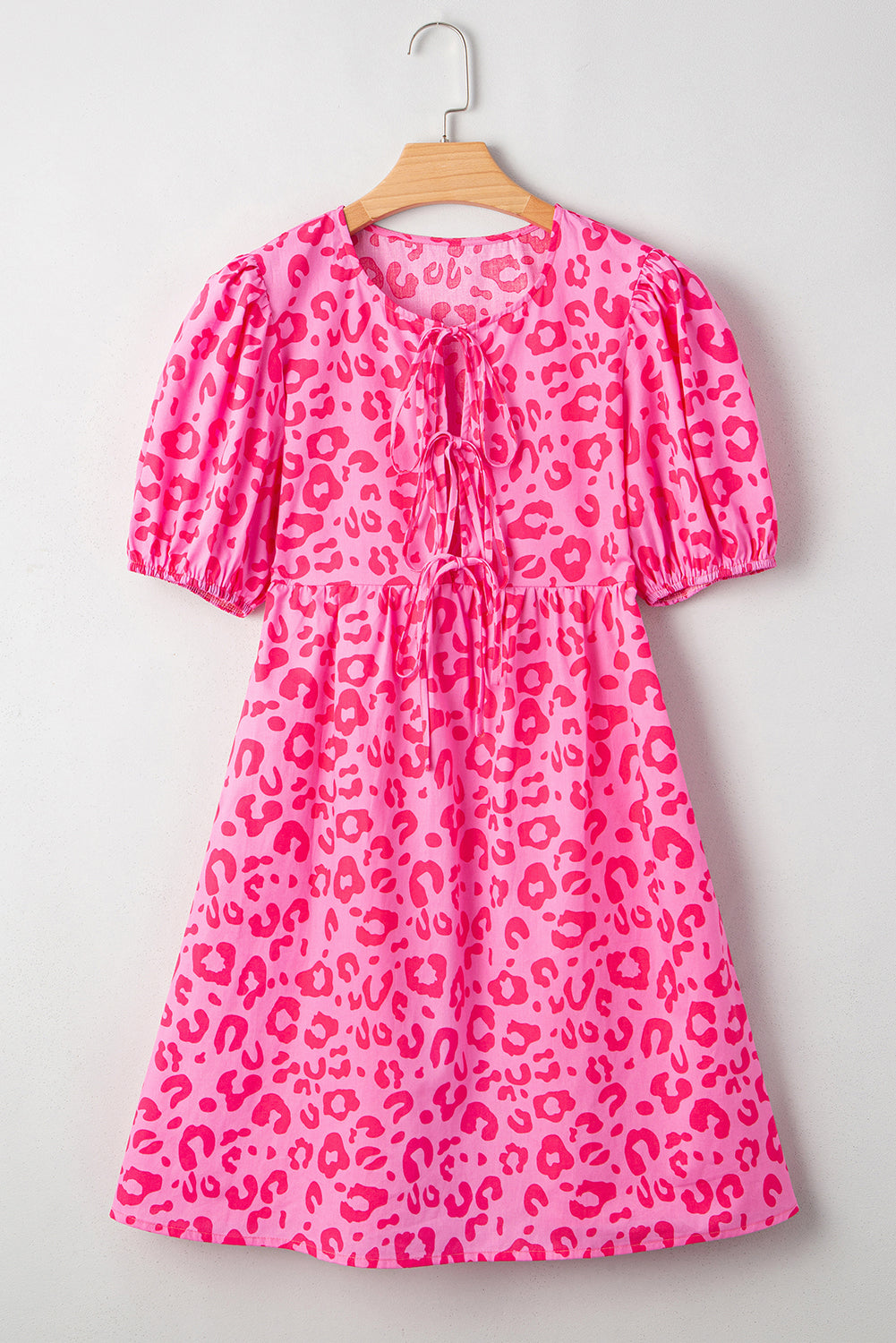 Leopard Puff Sleeve Tie Front High Waist Mini Dress