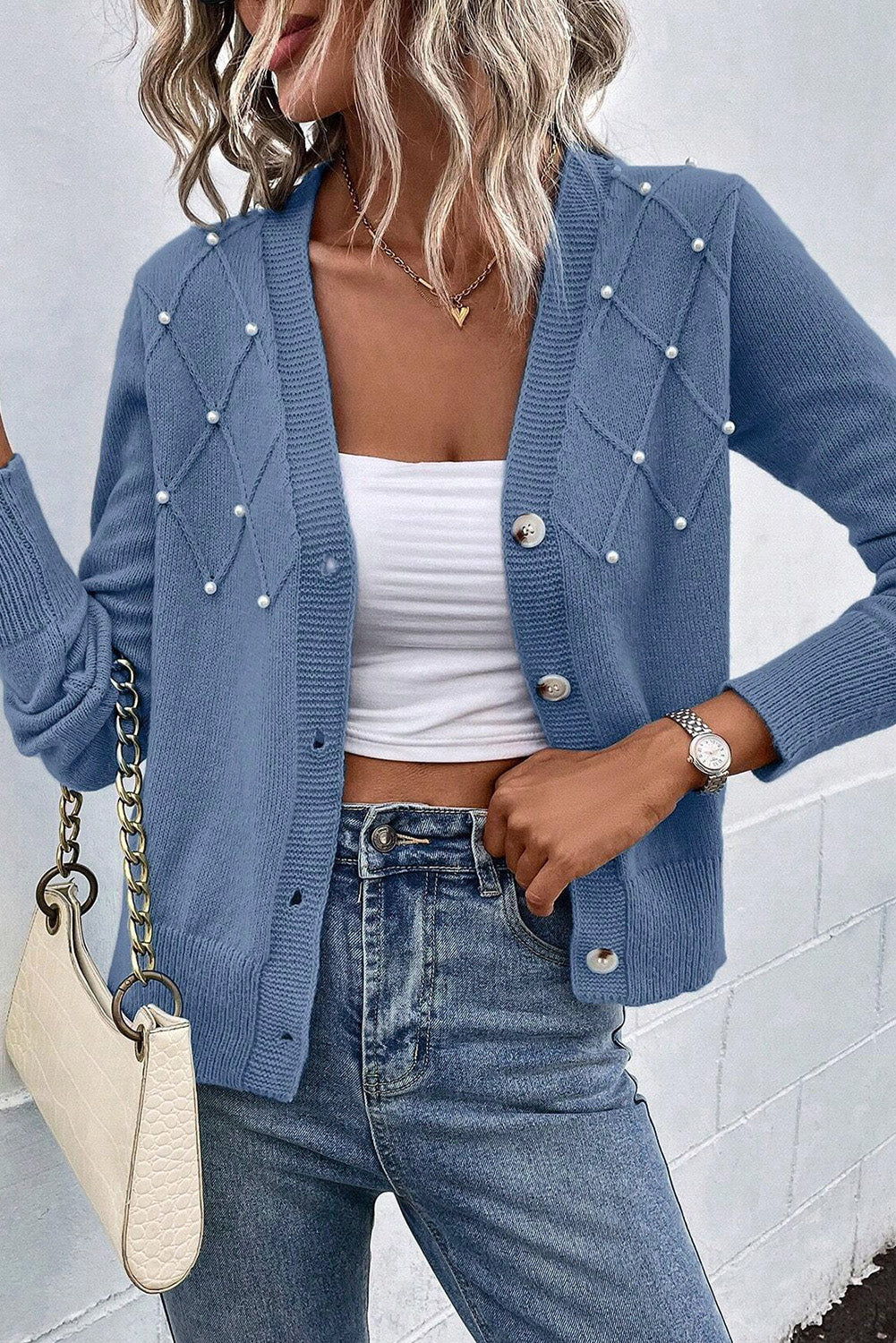 Textured Knit Pearl Beaded Button Up Cardigan