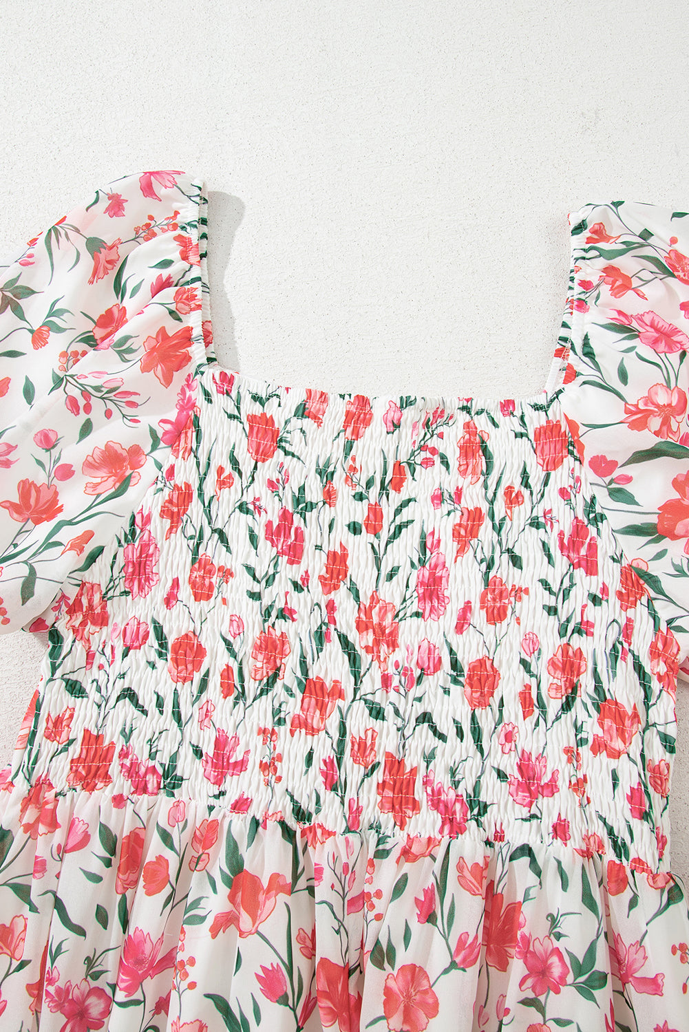 Floral Puff Sleeve Square Neck Empire Waist Tiered Maxi Dress