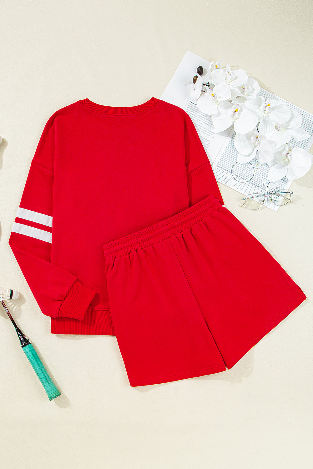 Varsity Striped Sleeve Drop Shoulder Sweatshirt and Short Set