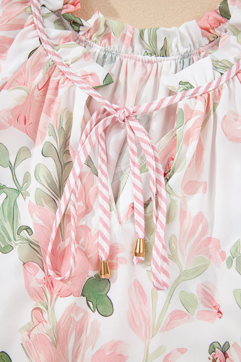 Floral Print Striped Contrast Tiered Ruffled Sleeve V Neck Blouse