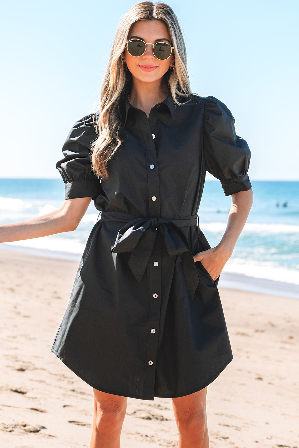 Button Up Tie Waist Puff Sleeve Mini Dress