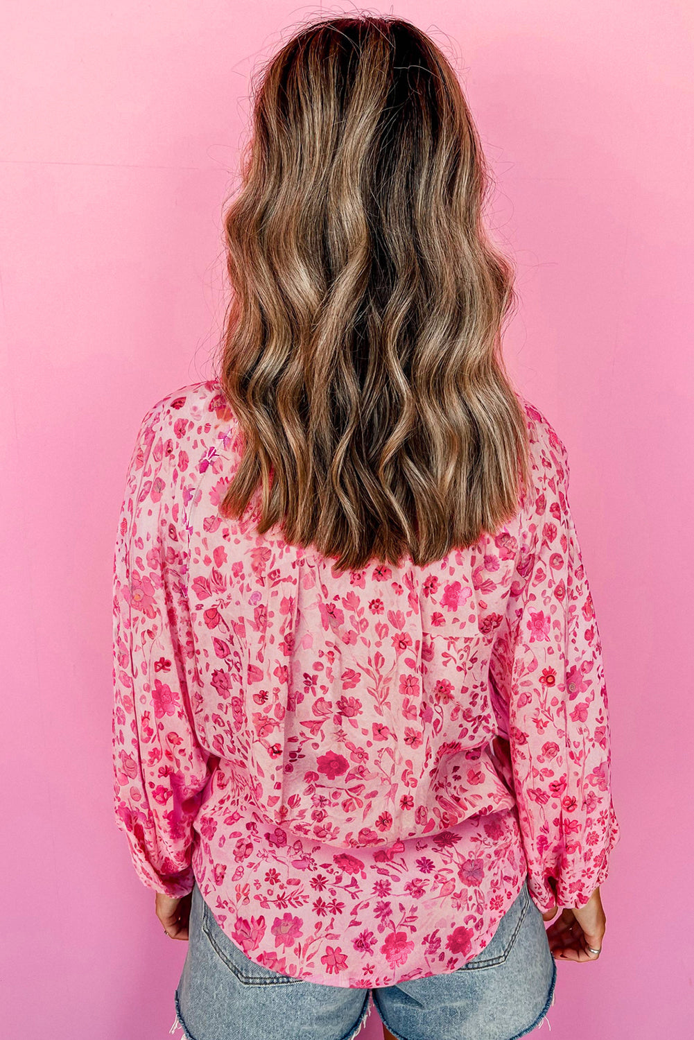 Floral Puff Sleeve Split Neck Lightweight Blouse
