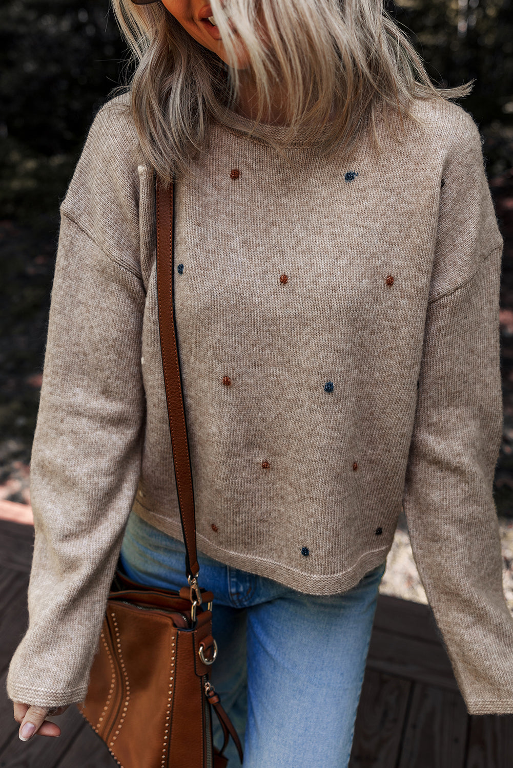 Contrast Colored Dot Detail Drop Shoulder Sweater
