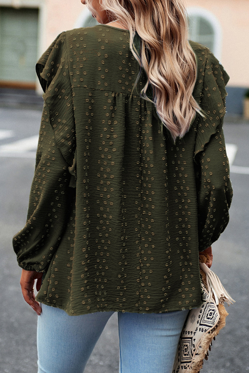 Lace Eyelet Ruffle Shoulder Long Sleeve Blouse