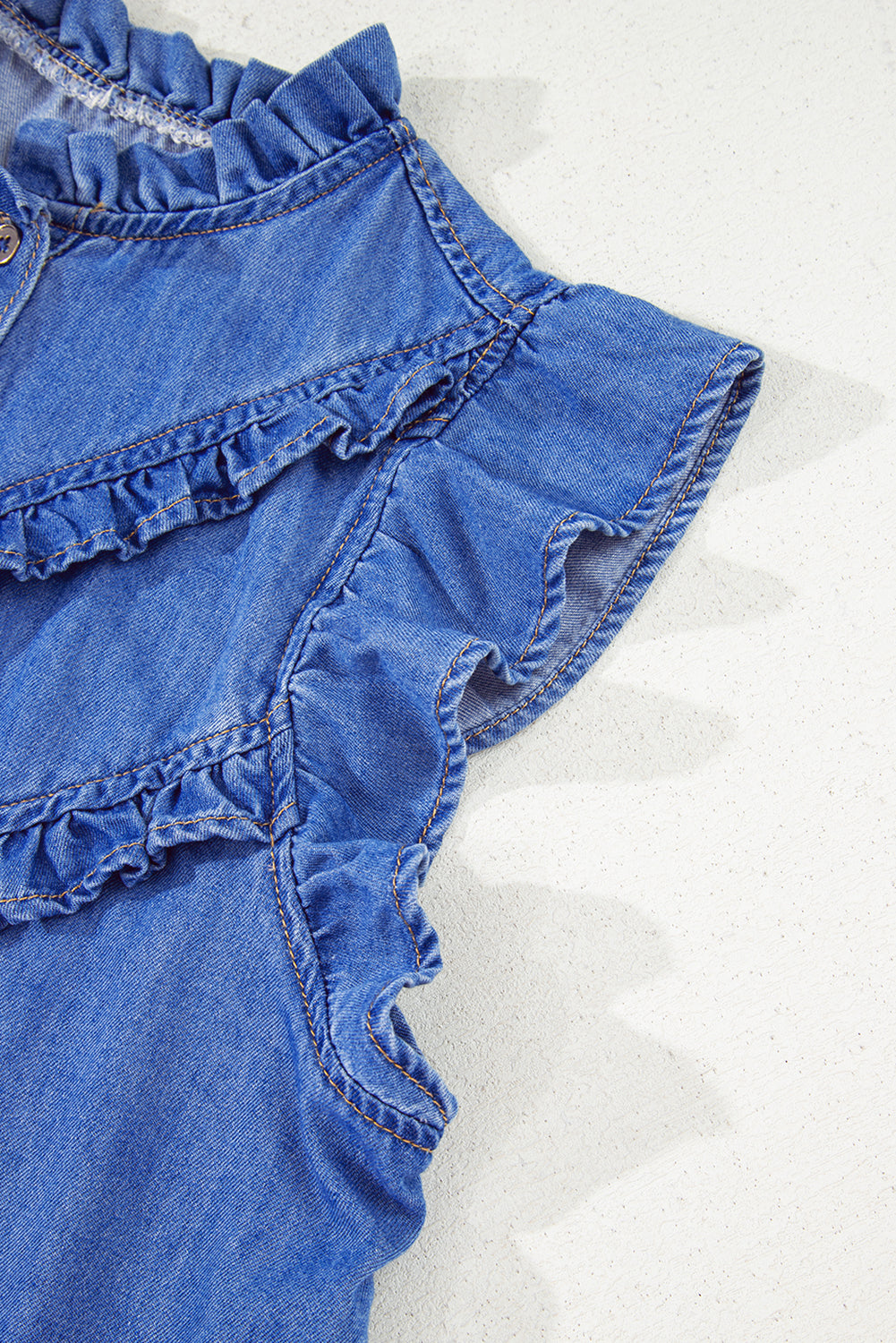 Mineral Wash Cap Sleeve Frilled Button Up Denim Shirt