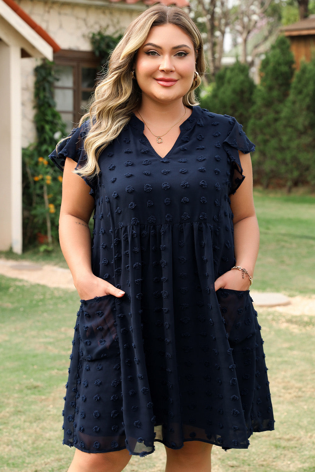 Dotty Textured Notched Neck Plus Ruffled Dress