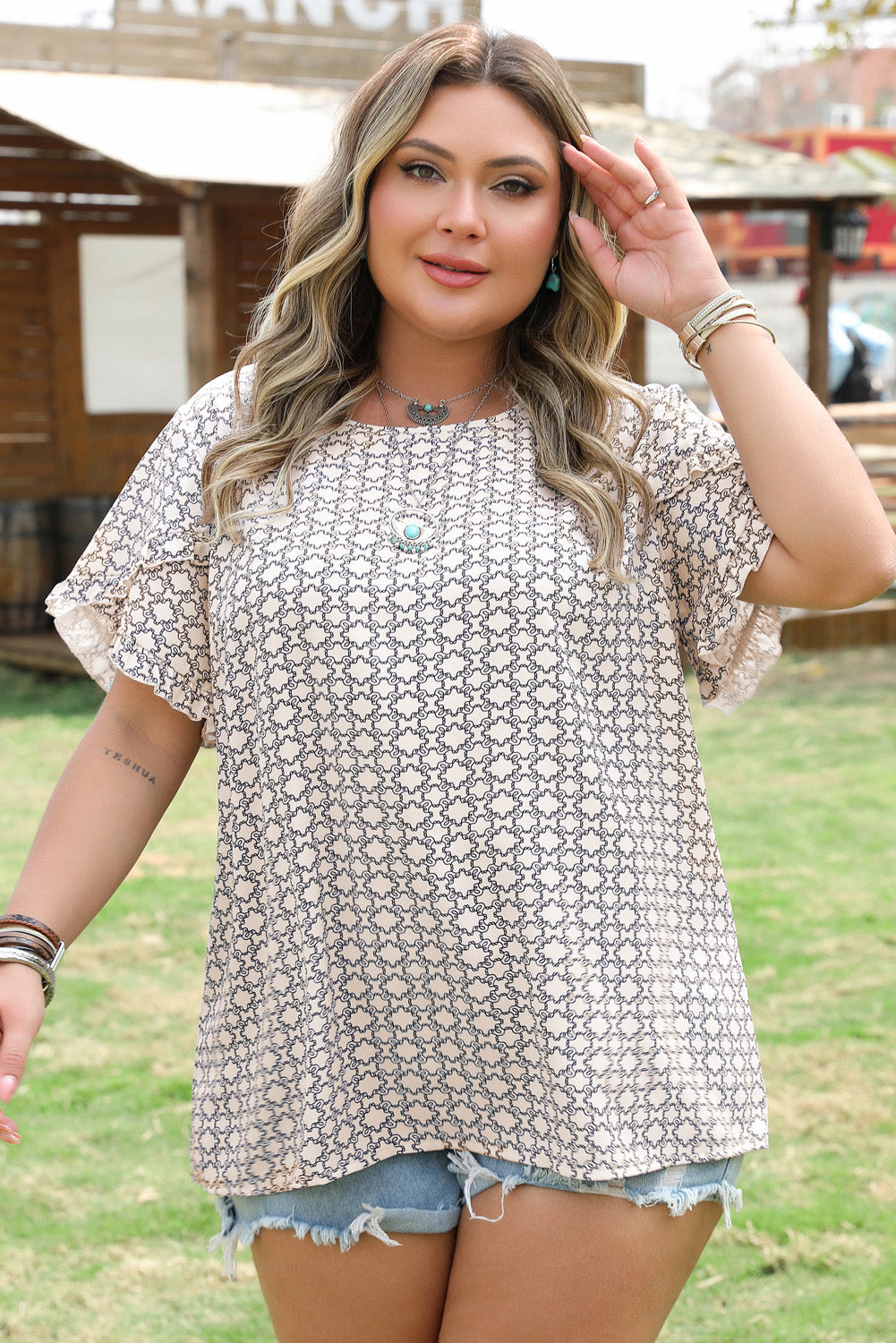 Plus Size Geometric Print Ruffled Sleeve Blouse