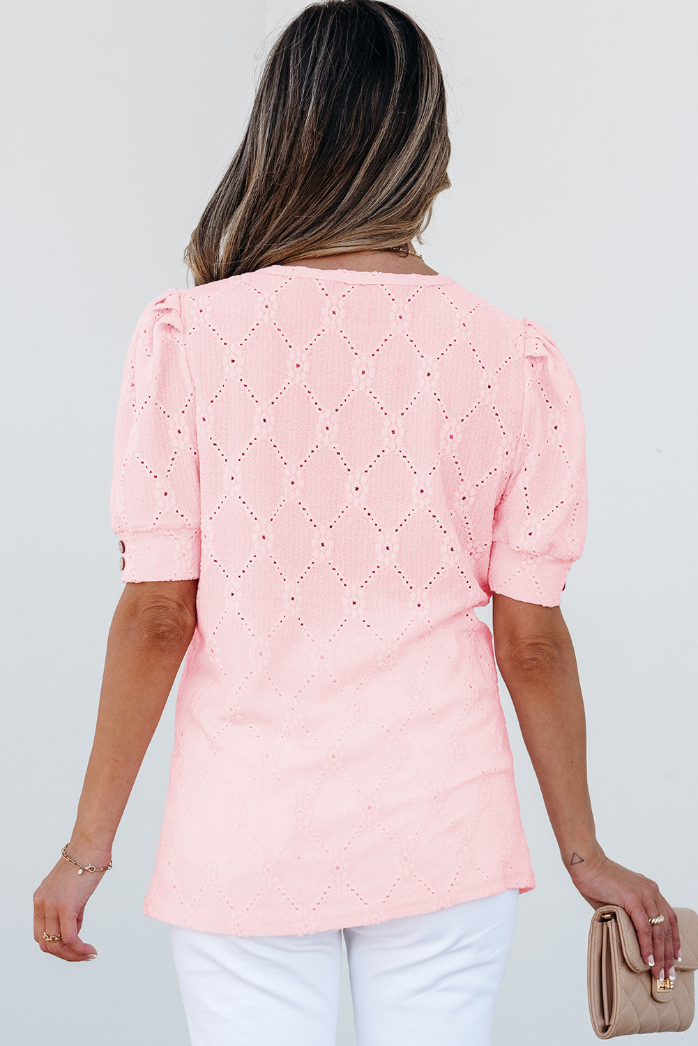 Geometric Textured Button Short Sleeve Top