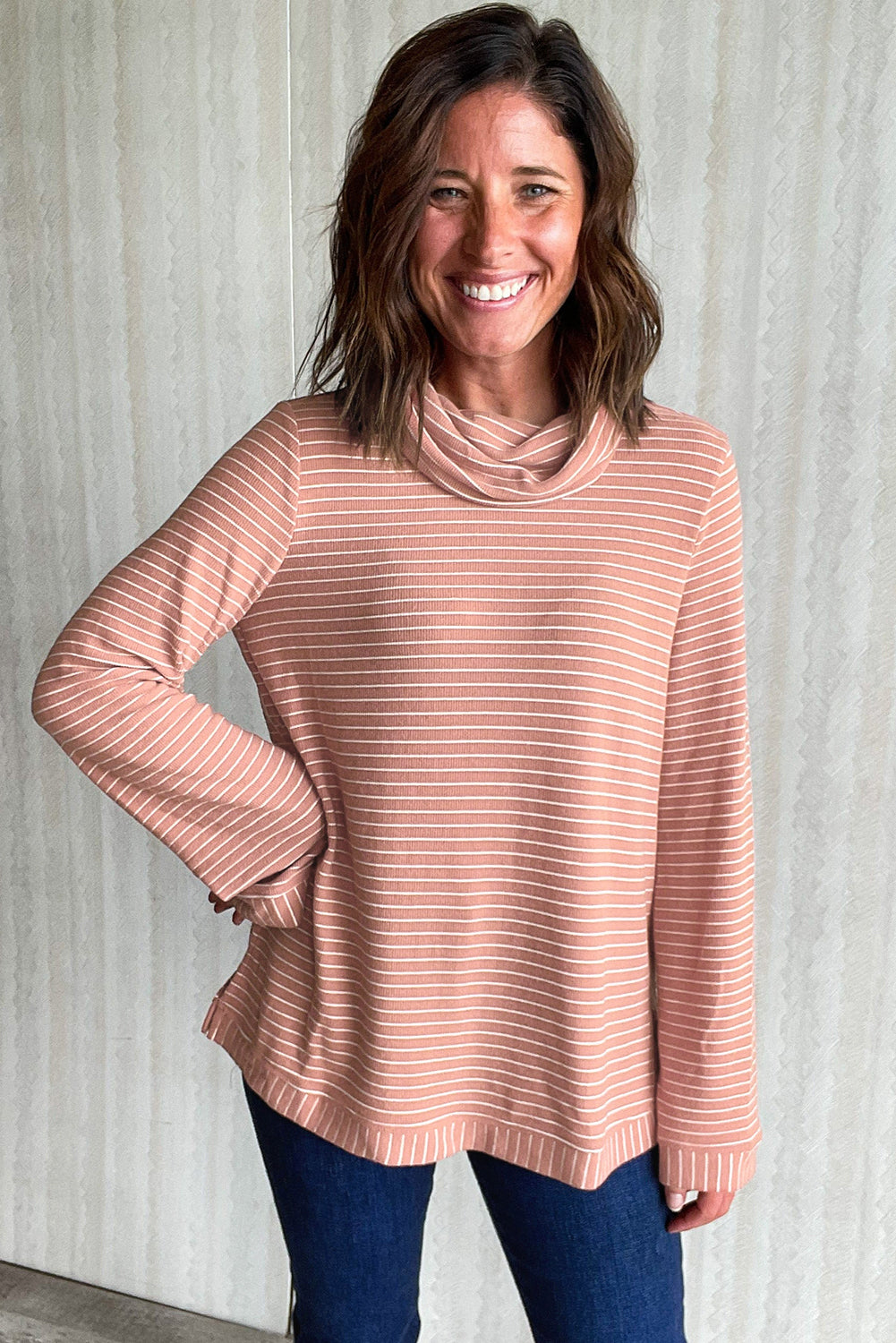 Cowl Neck Side Slits Loose Fit Long Sleeve Top