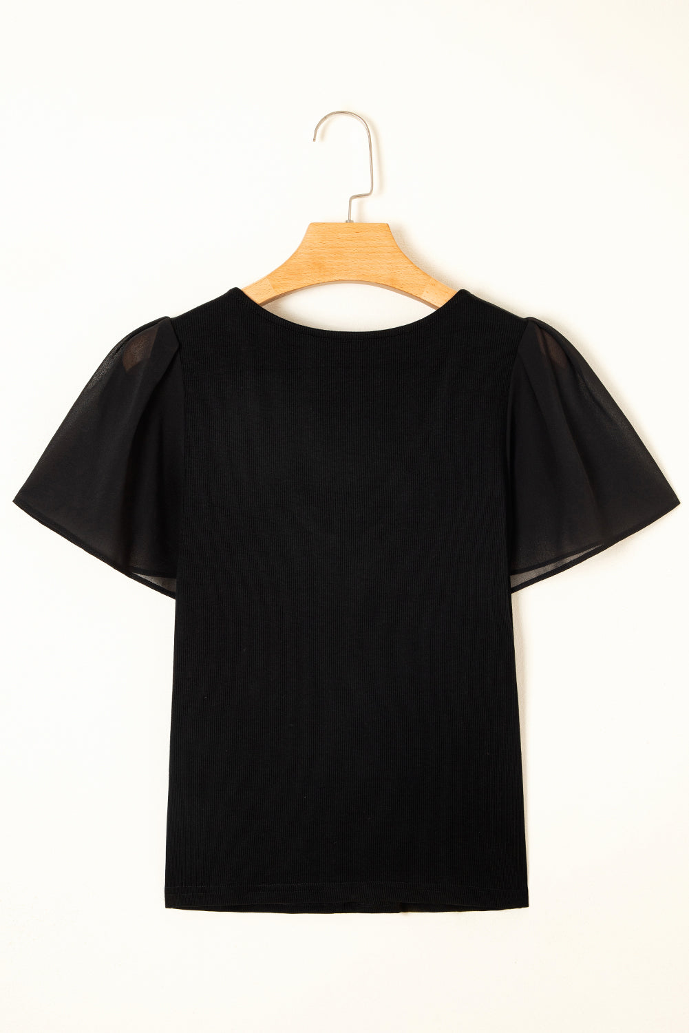 Mesh Ruffled Sleeve Slim Fit V Neck Top