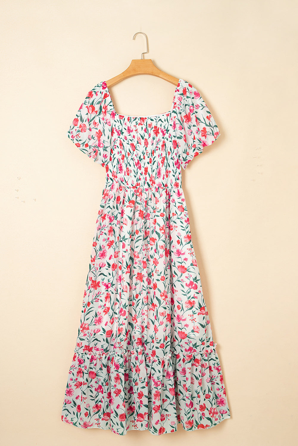 Floral Puff Sleeve Square Neck Empire Waist Tiered Maxi Dress
