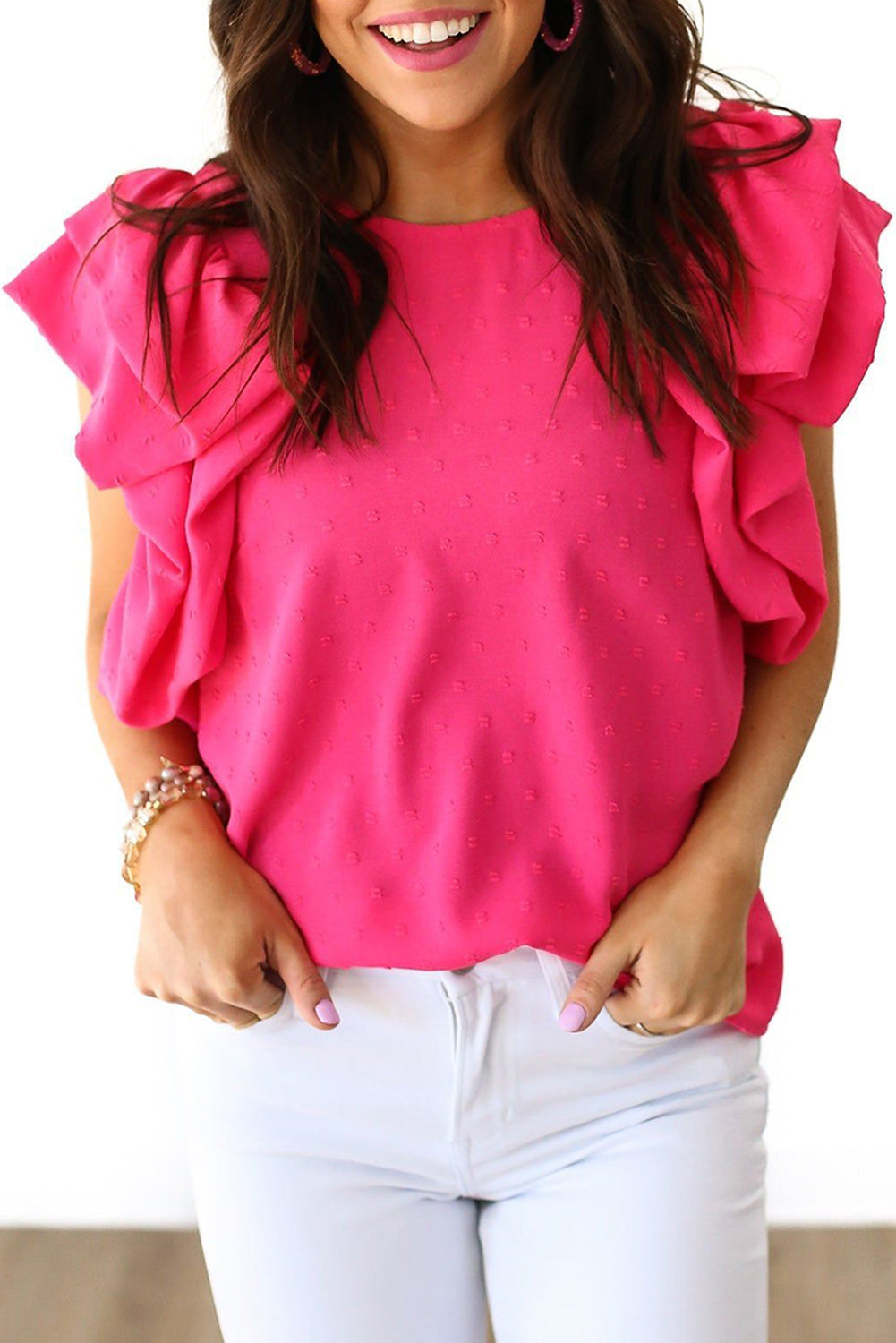 Ruffled Sleeve Swiss Dot Blouse