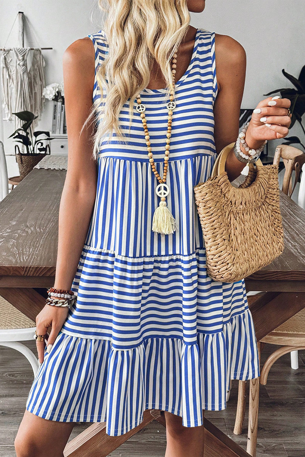 Stripe U Neck Sleeveless Loose Fit Mini Dress