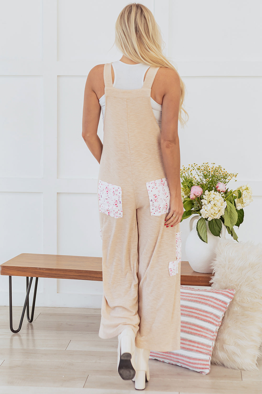 Floral Patchwork Ribbed Side Pockets Wide Leg Jumpsuit