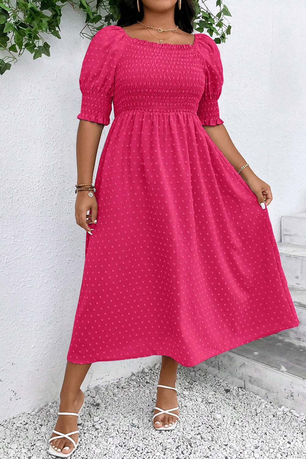 Swiss Dot Smocked Frilled Neckline Short Sleeve Plus Size Dress