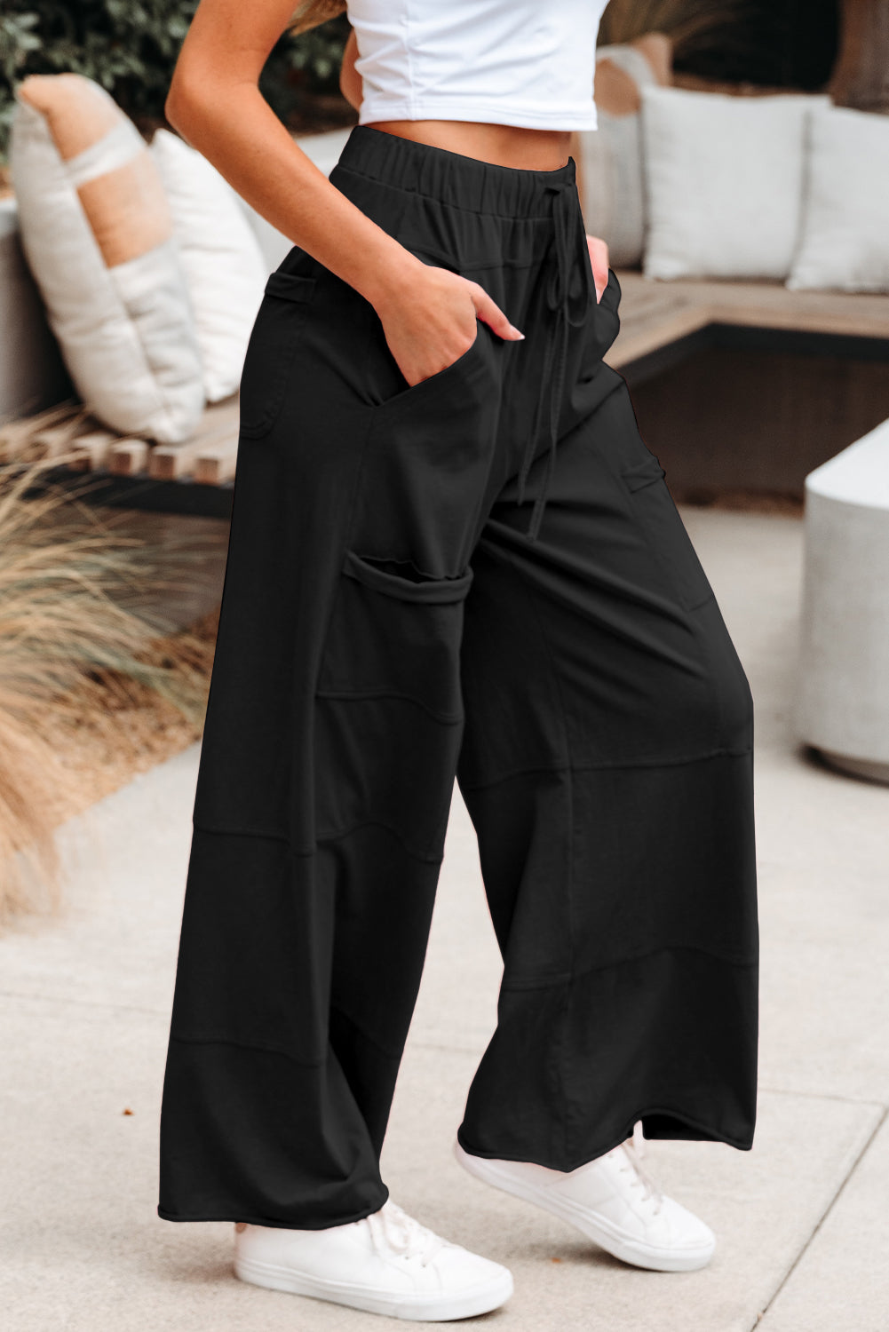 Mineral Wash Exposed Seam Drawstring High Waist Wide Leg Cargo Pants
