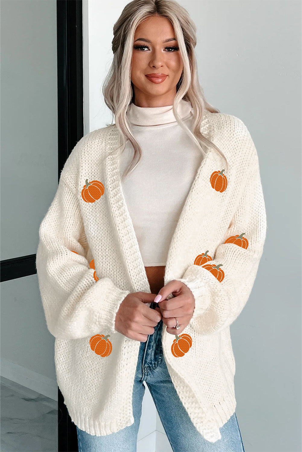 White Pumpkin Print Open Front Drop Shoulder Midi Cardigan