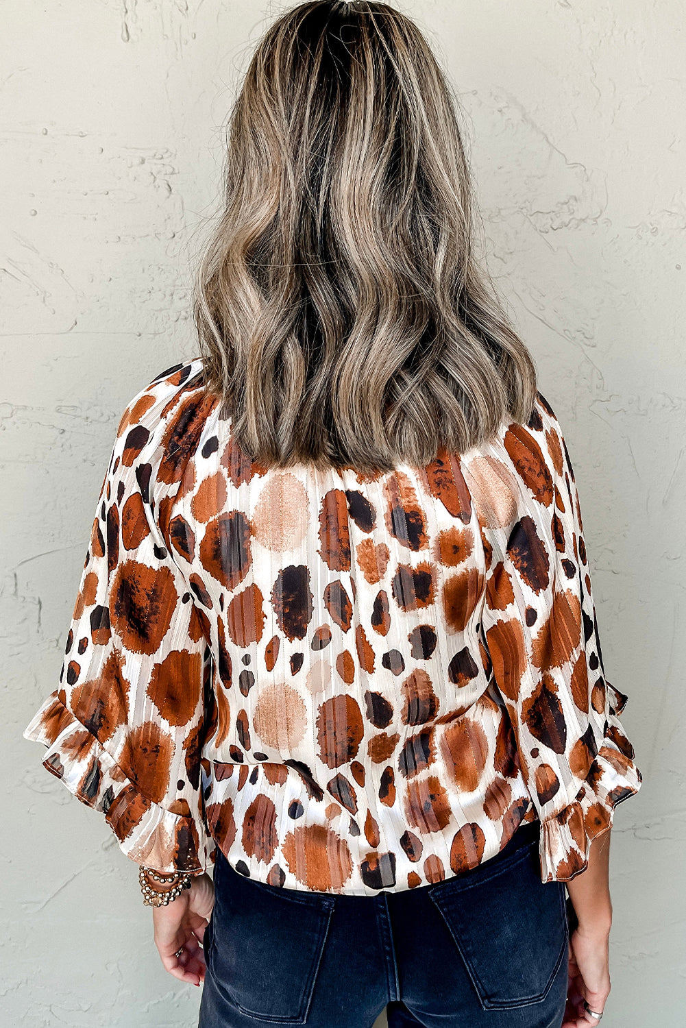 Pleated Abstract Printed Ruffled 3/4 Sleeve Blouse