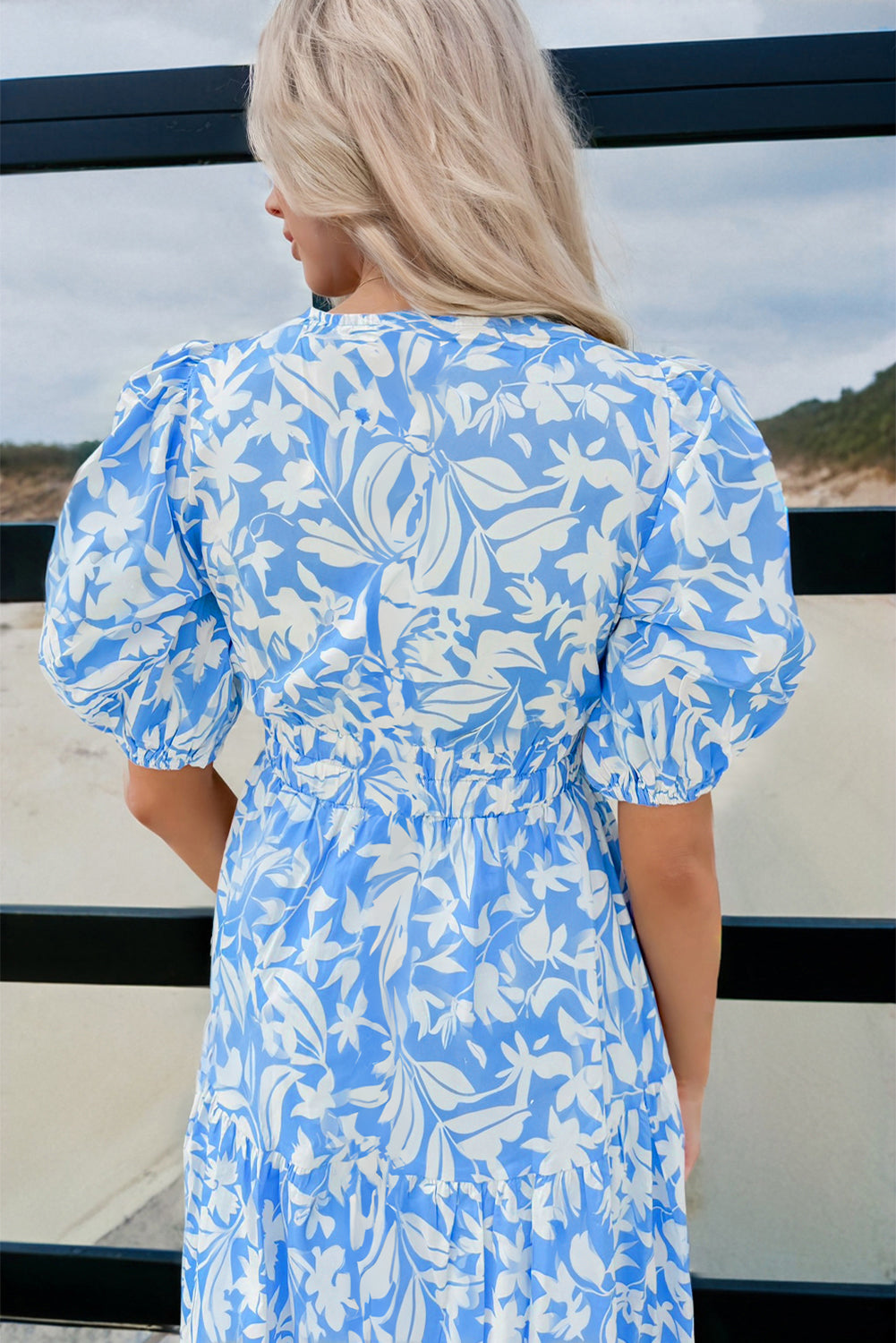 Floral V Neck Puff Short Sleeve Flowy Long Dress