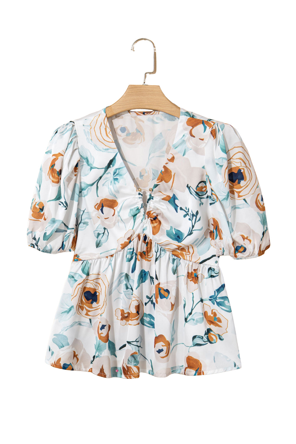 Floral Print Puff Sleeve V Neck Babydoll Blouse