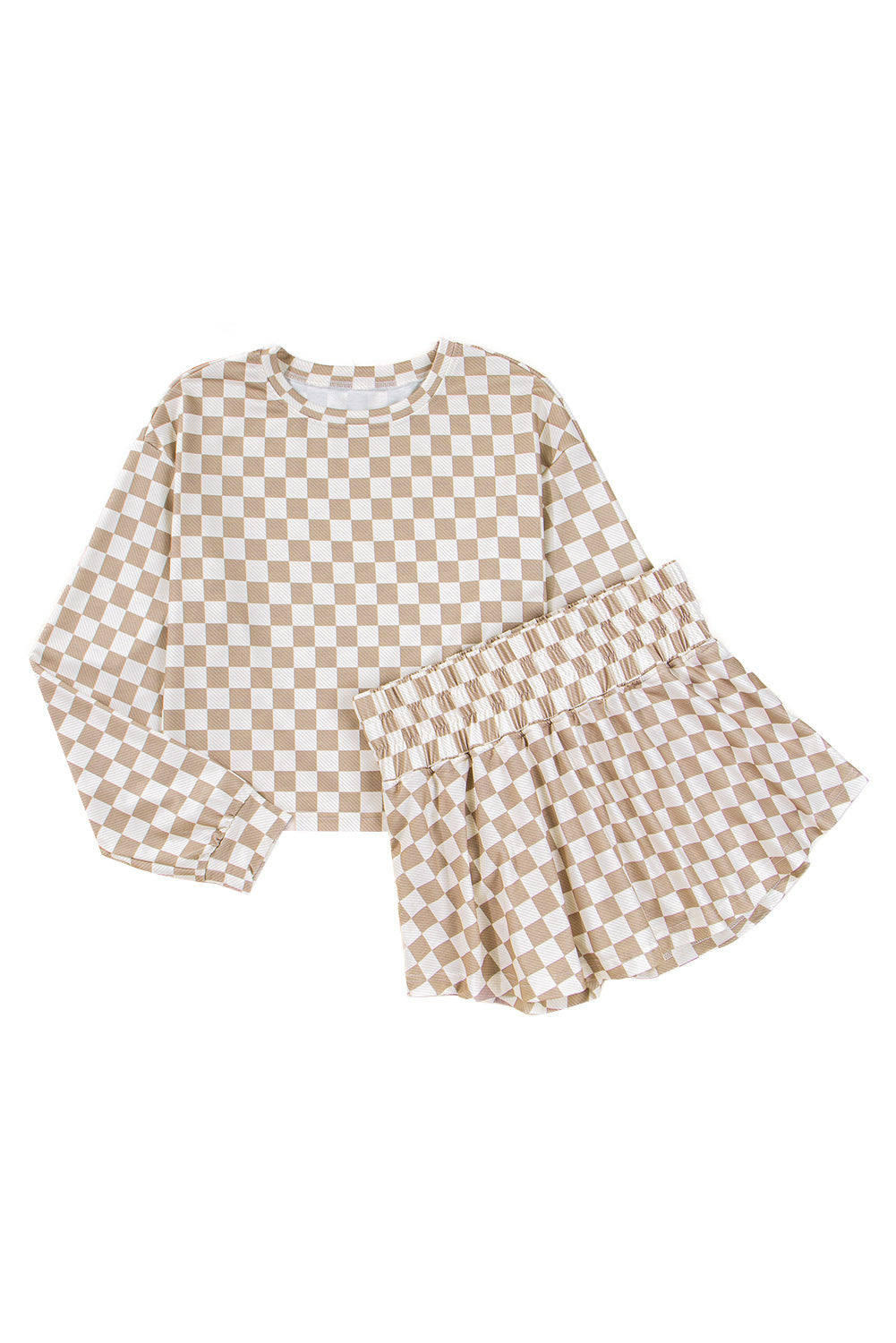Checkered Long Sleeve Crop Top High Waist Skort 2pcs Set
