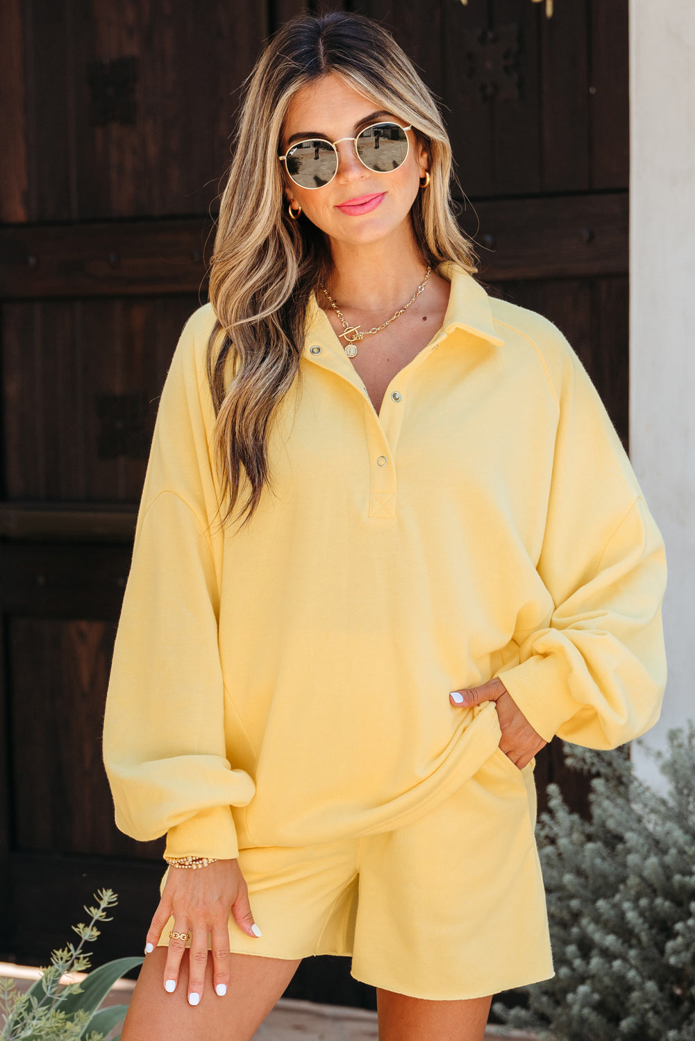 Button Collar Drop Shoulder Pullover and Shorts 2pcs Outfit
