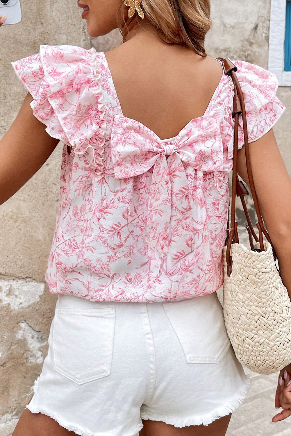 Floral Ruffled Short Sleeve Bow Back Square Neck Blouse