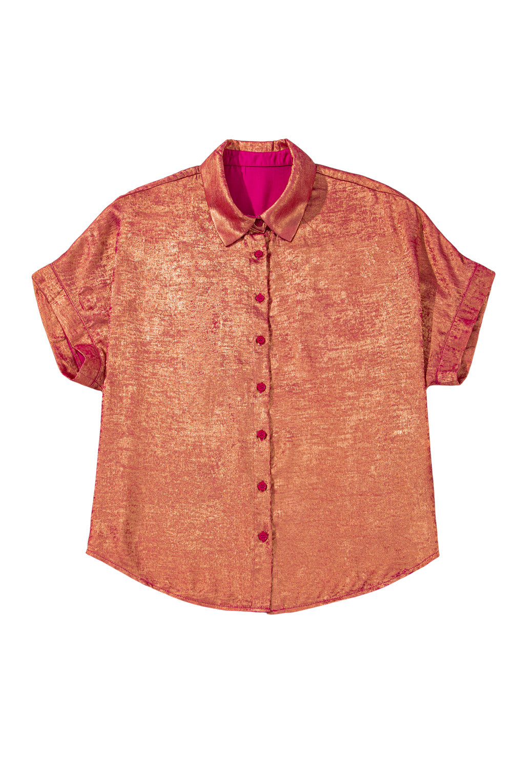 Plus Size Metallic Sheen Short Sleeve Button Up Shirt