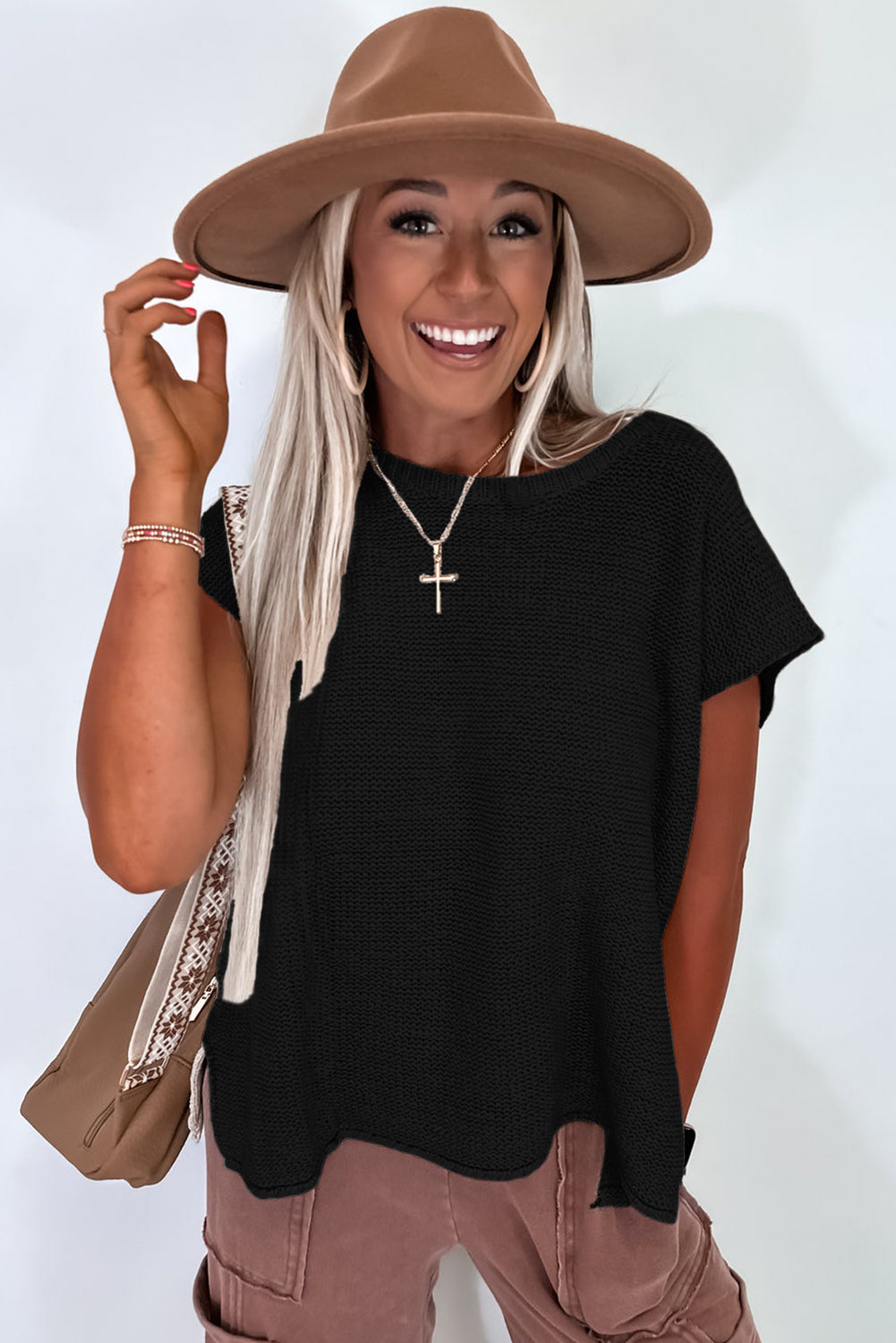 Solid Color Sweater Tee with Side Slits