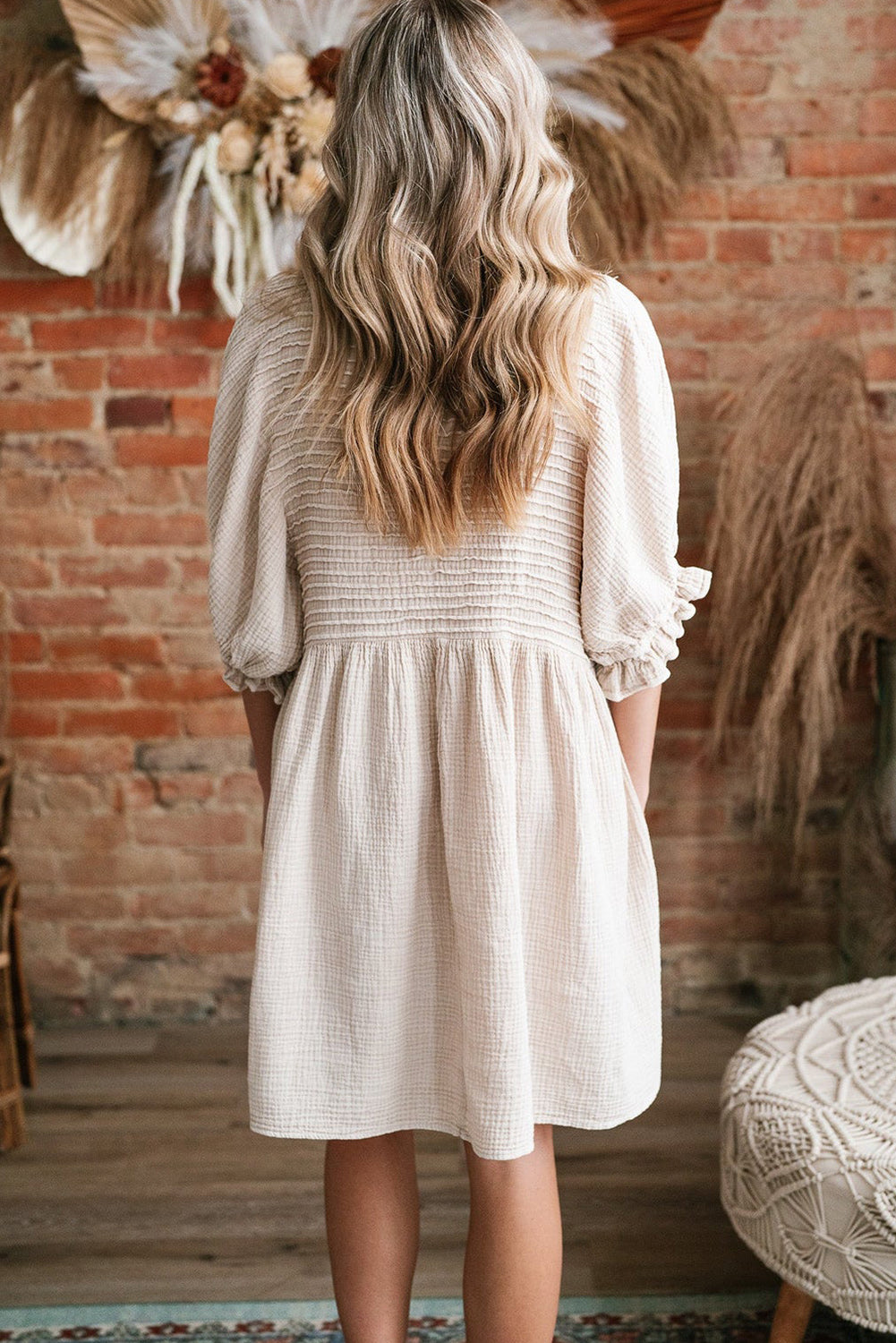 Textured Ruffled Puff Sleeve Loose Dress