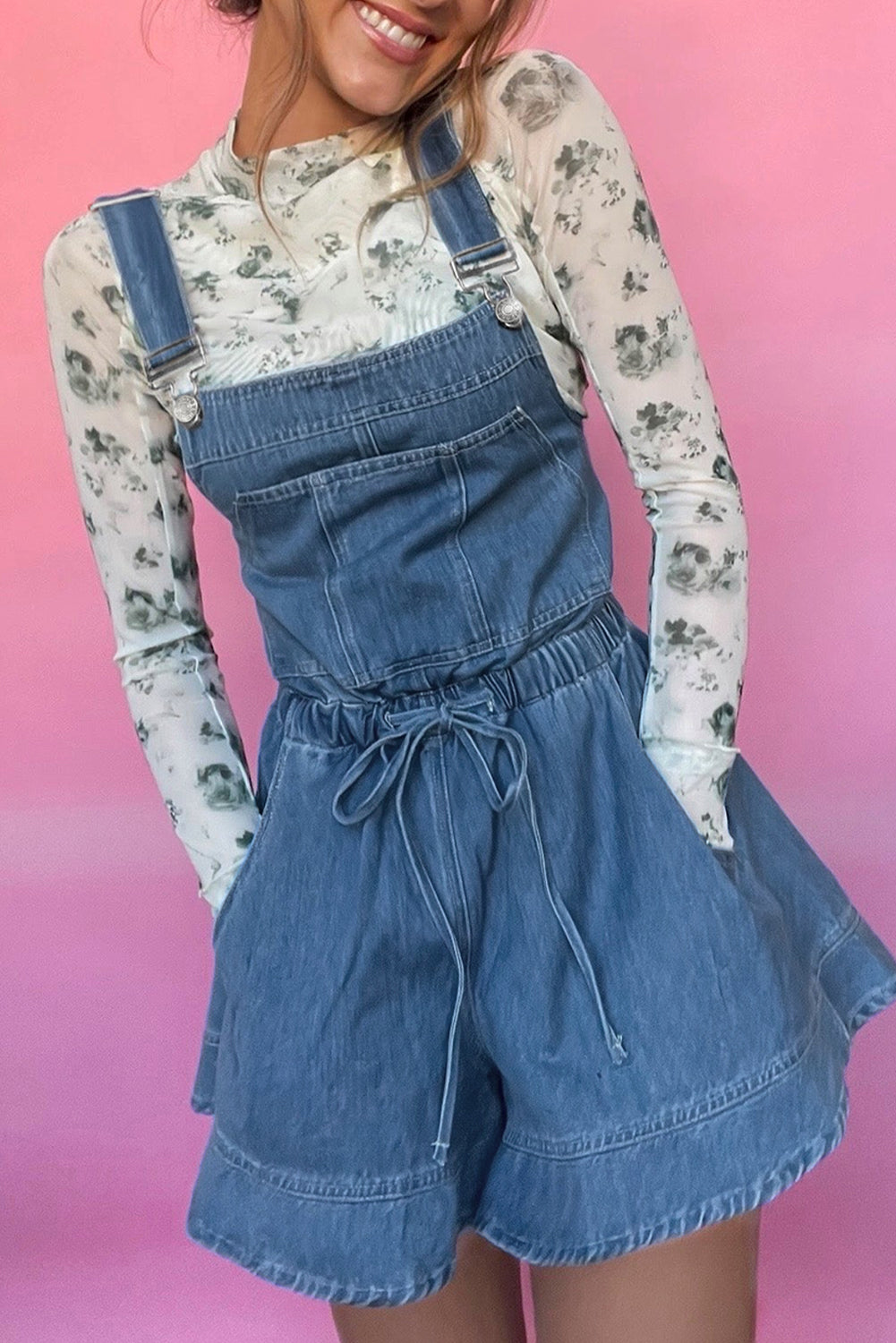 Buckle Straps Bib Style Drawstring Tied Backless Flared Denim Romper