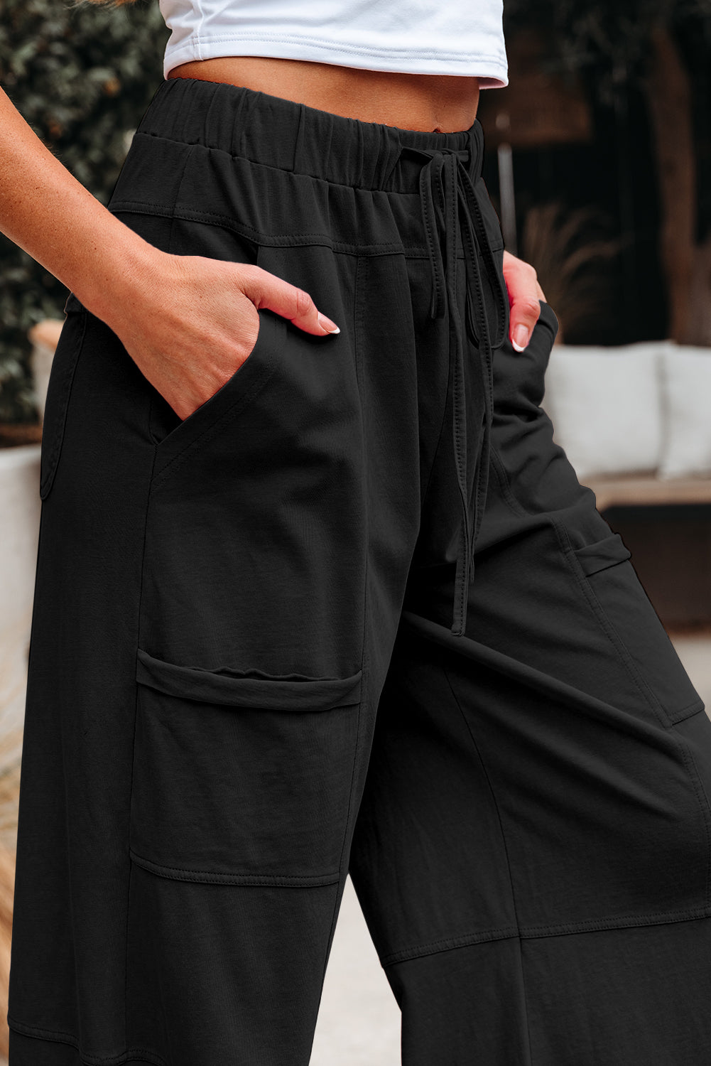 Mineral Wash Exposed Seam Drawstring High Waist Wide Leg Cargo Pants