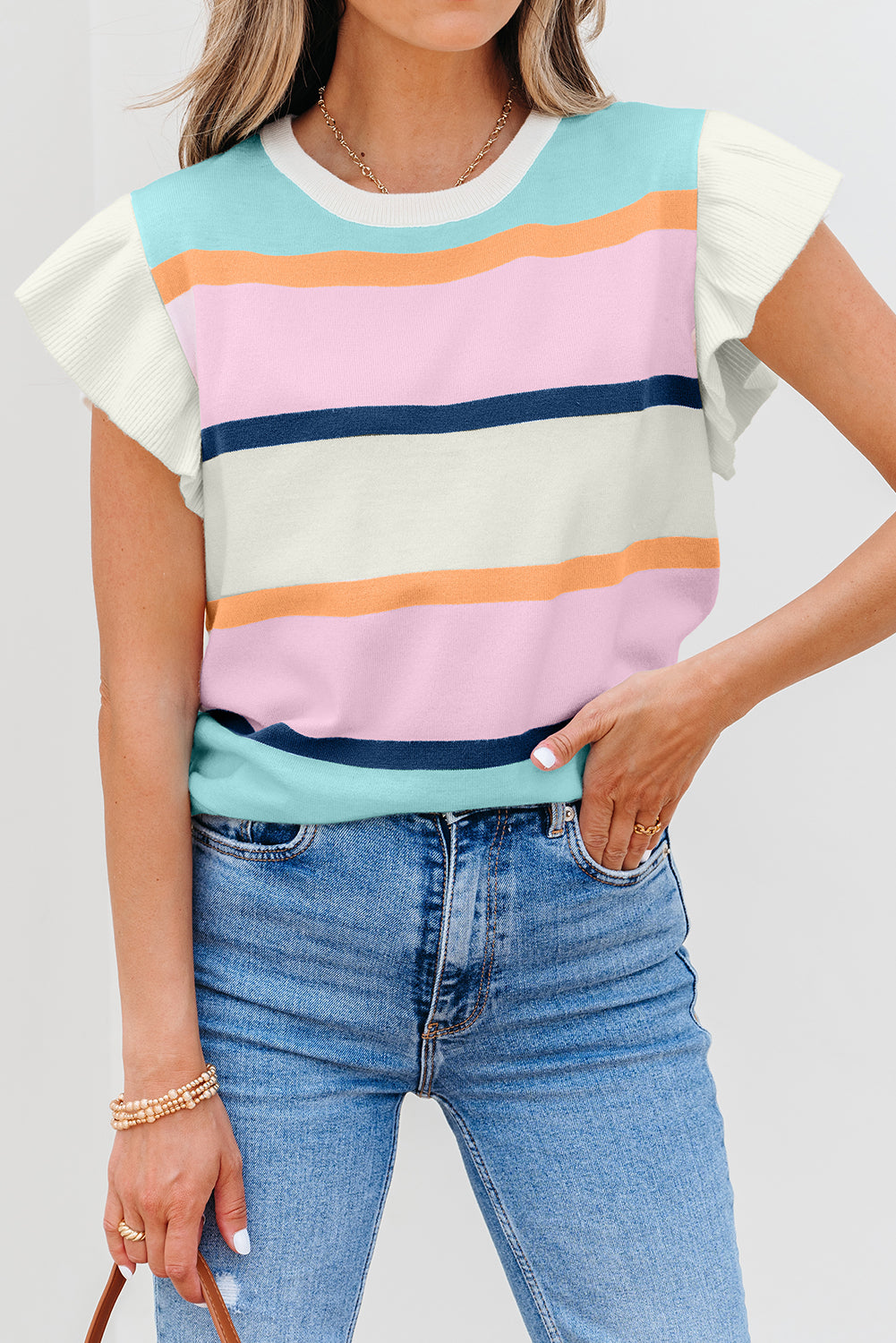 Striped Color Block Flutter Sleeve Patchwork Sweater Top