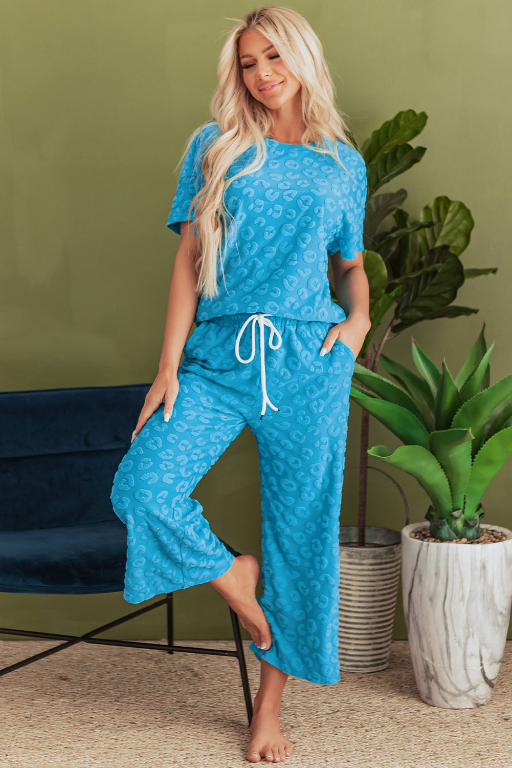 Leopard Jacquard Short Sleeve Top and Wide Leg Pants Set