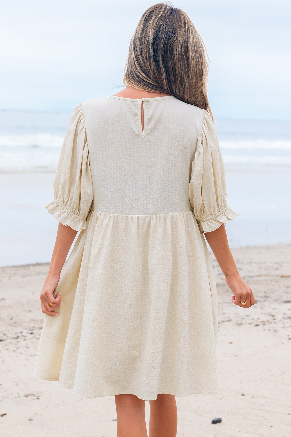 Textured Ruffled Puff Sleeve Loose Dress