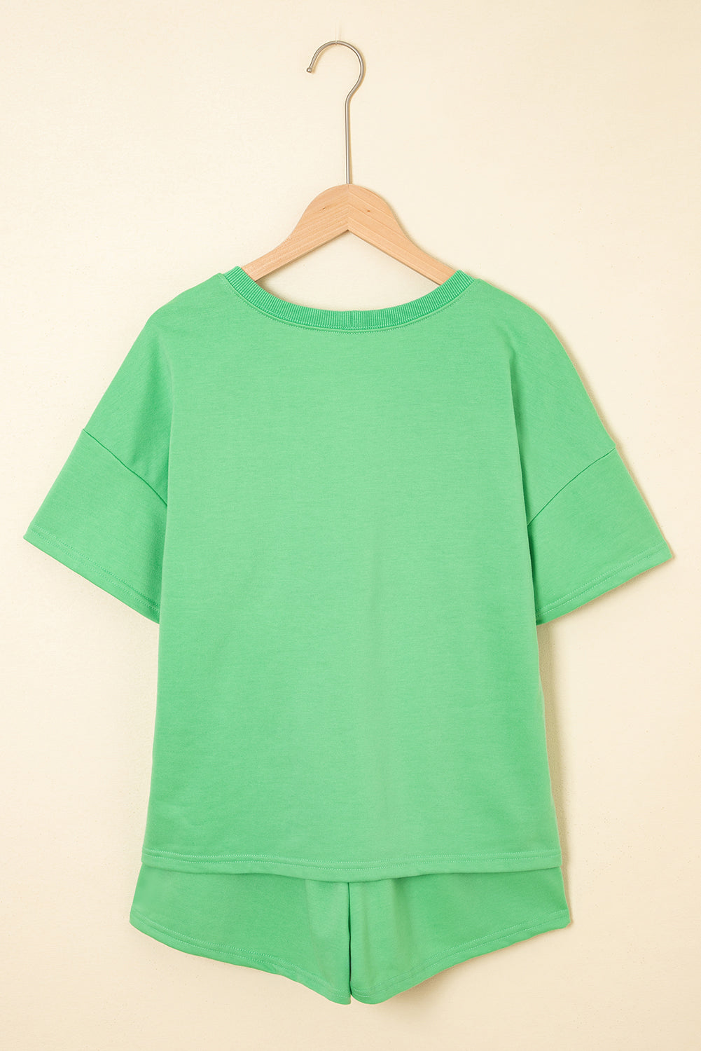 V Neck Drop Shoulder Tee and Patchwork Drawstring Shorts Set