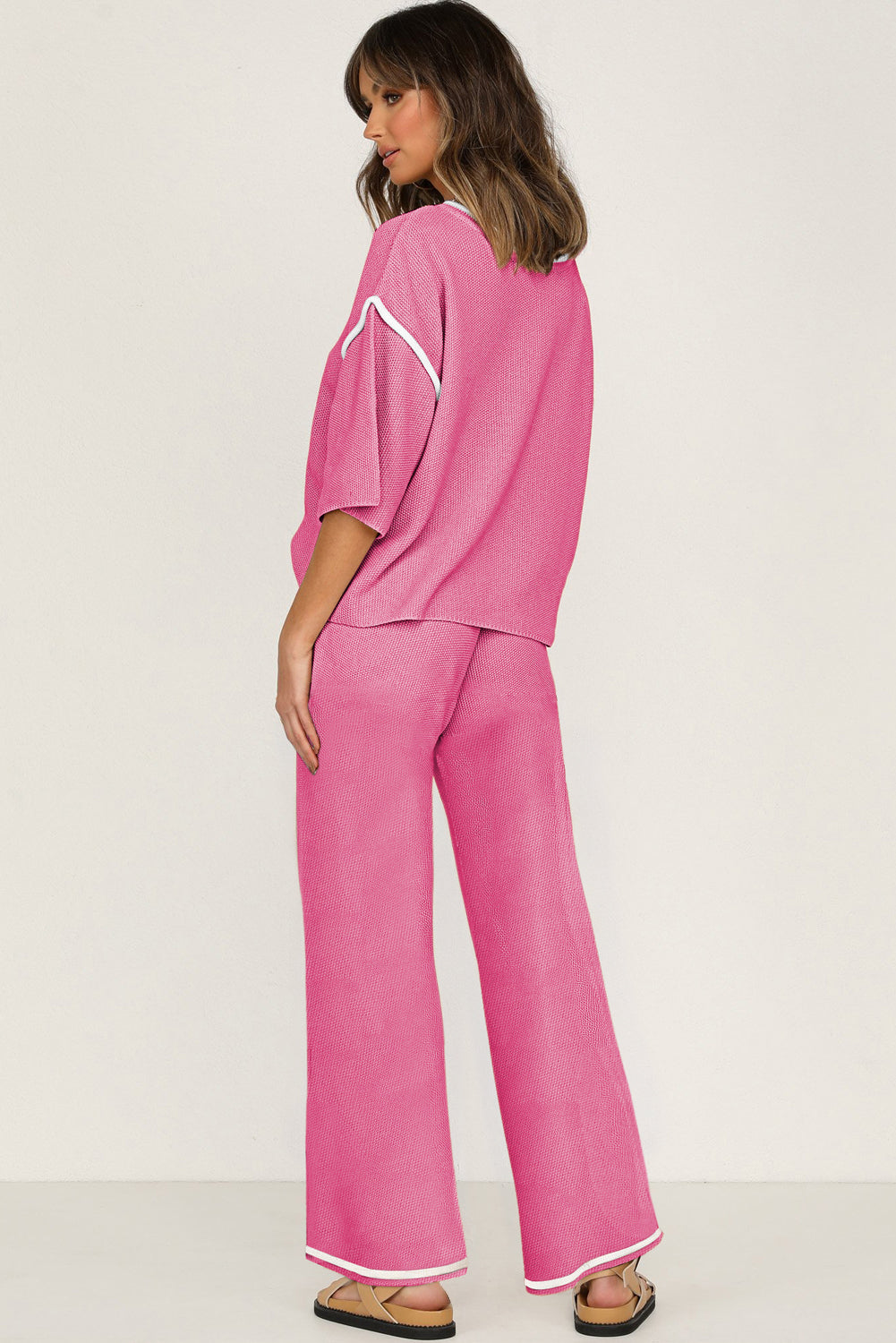 Contrast Trim Half Sleeve Top Drawstring Pants Loose 2pcs Sweater Suit